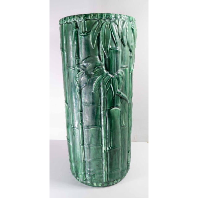 20th Century Japanese Faux Bamboo Green Glazed Pottery Umbrella Stand or Cane Holder For Sale In New York - Image 6 of 15