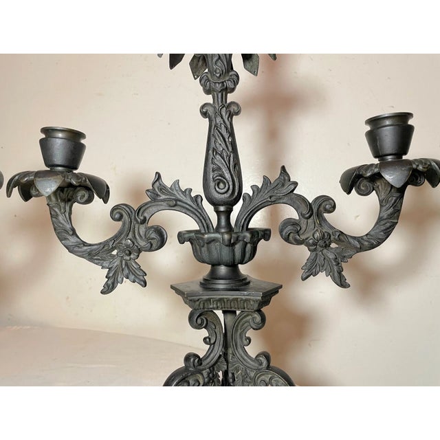 Pair of Antique 1800's Solid Patinated Bronze Candelabra Candle Holders Heavy For Sale - Image 4 of 10
