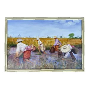 Asian Countryside Life Scene Oil on Canvas by Joyce Saina 1988