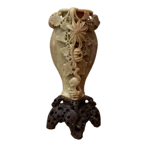 Antique Chinese Floral Carved Soapstone Vase