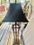 Bamboo Lamp w/Leather Style Shade, lamp base is wood. Shade shows slight wear on edges. height of lamp with shade is 36in...