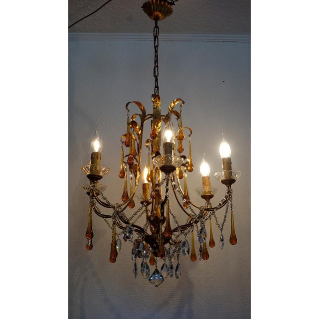Metal Gilded Metal and Murano Glass Drop Chandelier, 1940s For Sale - Image 7 of 12