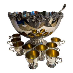 Vintage Style Silver Plated Grapevine Punch Bowl Set - 10 Pieces