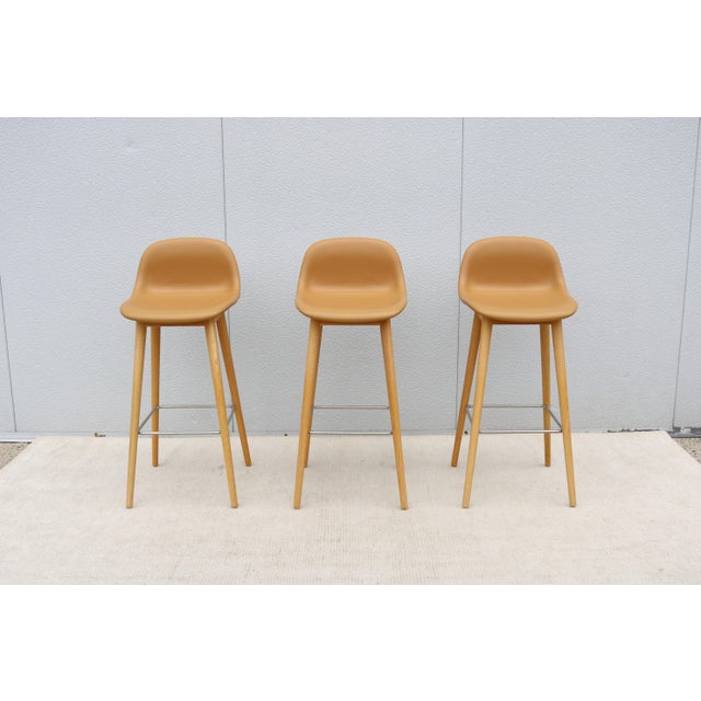 Iskos-Berlin Design Danish Iskos-Berlin for Muuto Brown Leather Fiber Bar Stools Oak Base - Set of 3 For Sale - Image 4 of 18