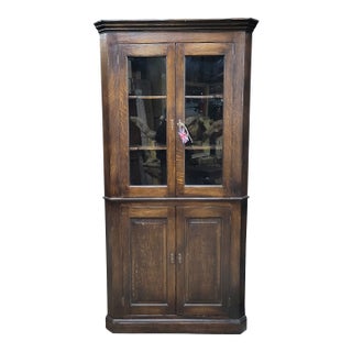 Late 20th Century English Oak Glass Top Doors With Paneled Bottom Doors Corner Cupboard For Sale