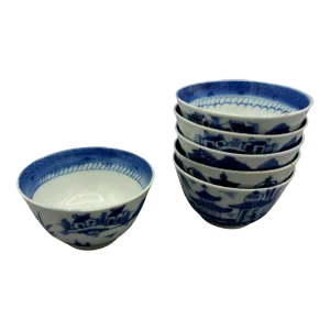 19th Century Assembled Set of 6 Blue Canton Small Rice or Soup Bowls, Chinese
