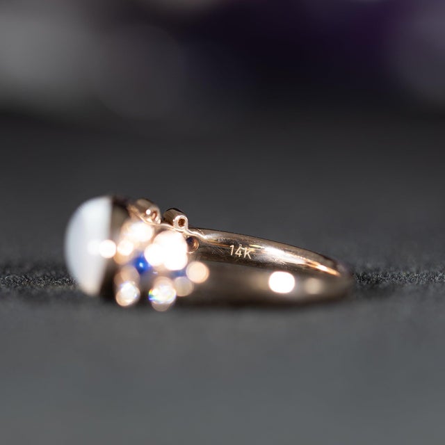 Rainbow Moonstone Ring With Natural Diamond & Blue Sapphire Accents: 14k Gold, Size 6.75 For Sale - Image 9 of 9
