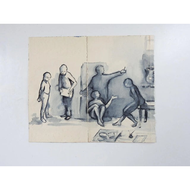 Mid century modernist watercolor on cream paper in grays of an art studio. Unsigned. Unframed, in two parts, display...