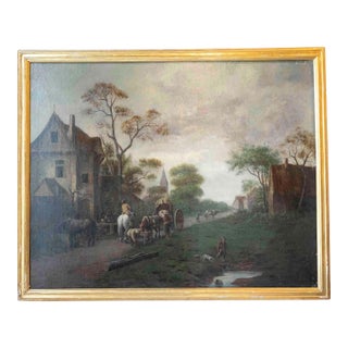 Flemish 18th Century Oil on Canvas, Suburban Street with Wayfarers For Sale