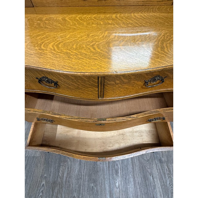 Antique Victorian Tiger Oak Serpentine Dresser With Beveled Mirror For Sale - Image 16 of 17