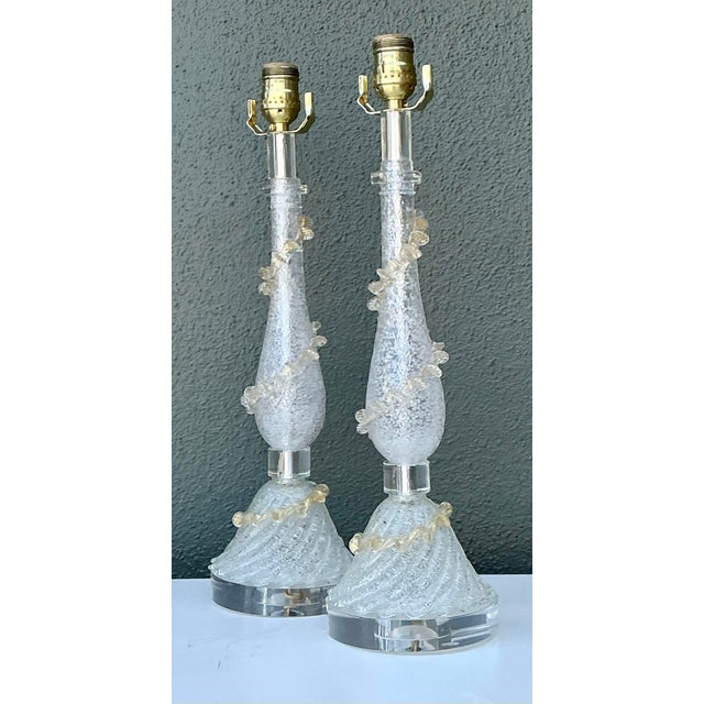 Brass Vintage Italian Murano Glass Lamps - A Pair For Sale - Image 8 of 12