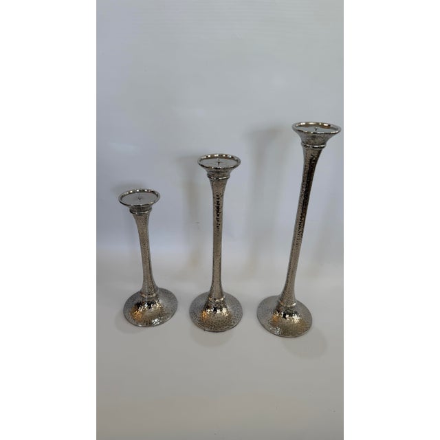 Chrome Set of Three Arteriors Home Hammered Nickel Candlesticks For Sale - Image 8 of 11
