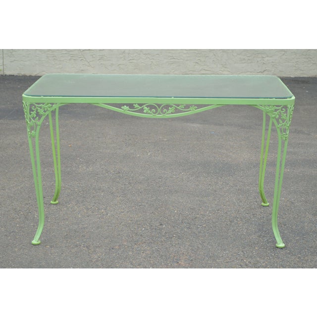 Woodard Vintage Lime Green Wrought Iron Glass Top Patio Dining Table