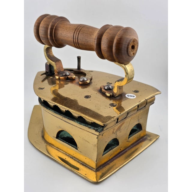 Gold Antique C1850 Middle East Handmade Brass Charcoal Big Press Iron W Wooden Handle For Sale - Image 8 of 15