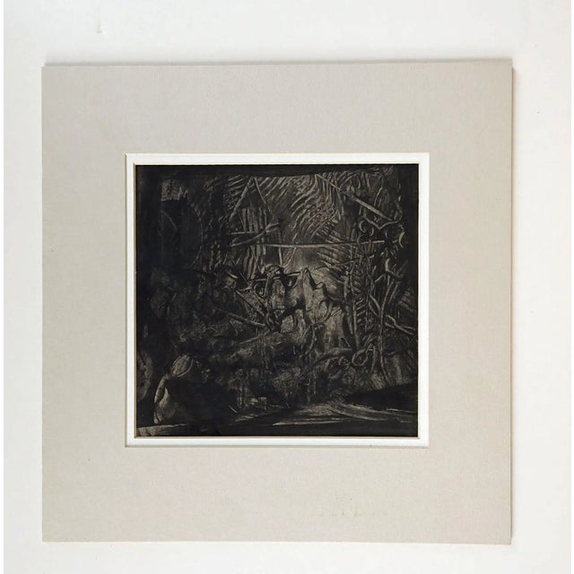 Vintage black and gray monoprint on paper. Unsigned. Unframed, displayed in double mat and backing, opening size 8.25" x...