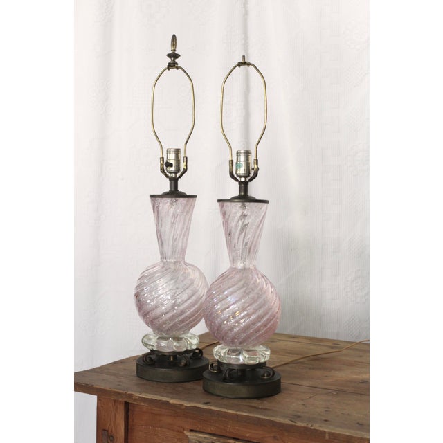1950s Barovier Toso Murano Glass Lamp Pair With Pleated White Shades For Sale - Image 16 of 18