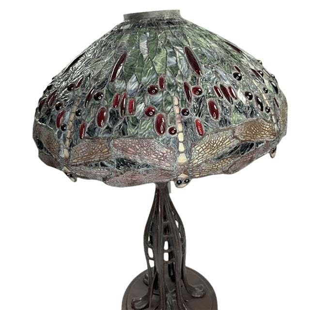 1970s Pair of Vintage Art Nouveau Tiffany Style Lamps With Hand Leaded Glass Shades For Sale - Image 5 of 12