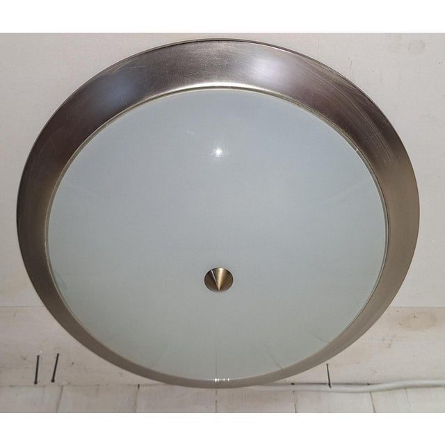 Vintage Ceiling Lamp with White Glass Shade on a Stainless Steel Mount, 2000s For Sale - Image 4 of 7