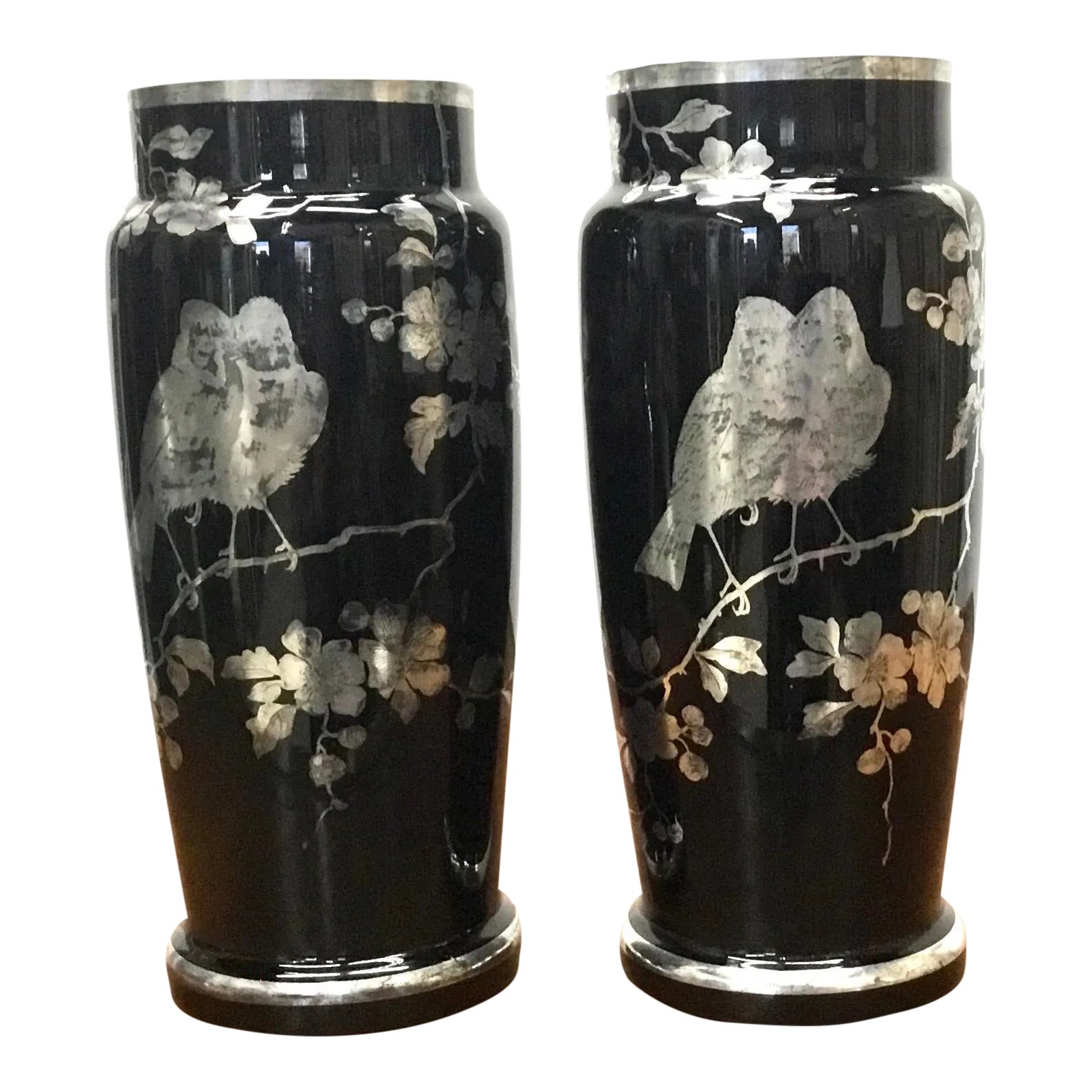 1920s Black Glass Silver Overlay Japanese Style Vases A Pair