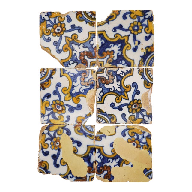 17th Century Set of Six Floral Tiles, Portuguese For Sale