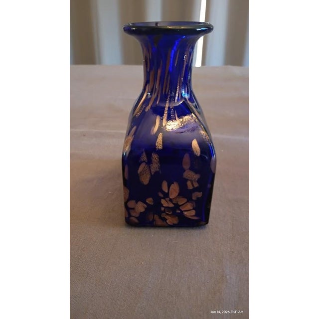 Mid-Century Modern Murano Style Cobalt Blue Glass Vase With Gold Flecks – Mid Century Modern Decorative Accent For Sale - Image 3 of 11