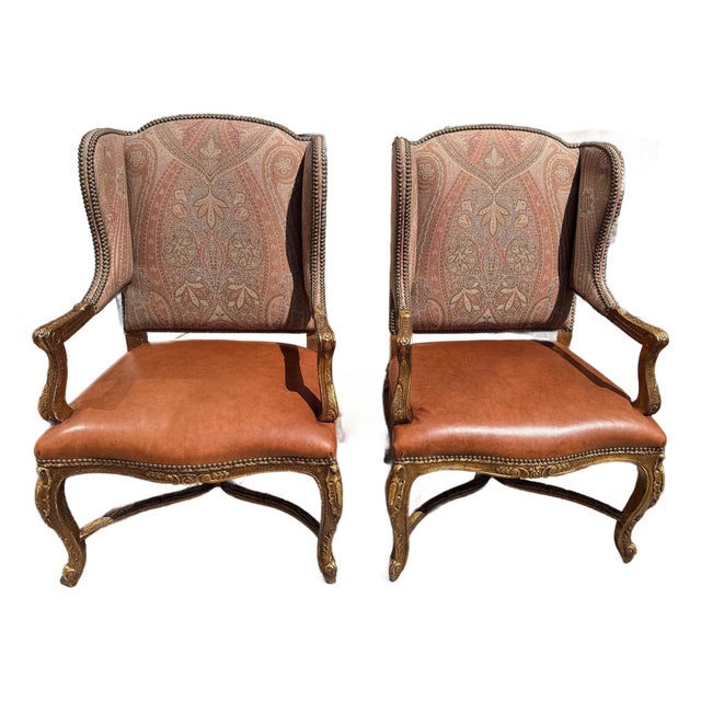 A Pair of Custom Ralph Lauren Wingback Lounge Chairs Upholstered in Leather and Paisley For Sale