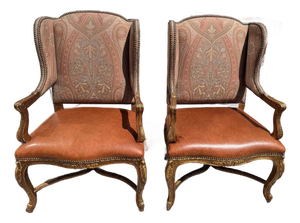 A Pair of Custom Ralph Lauren Wingback Lounge Chairs Upholstered in Leather and Paisley