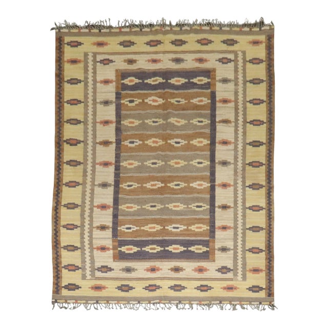 Vintage Zabihi Collection Room Size Rustic Swedish Kilim - 8'5" x 10'5" For Sale