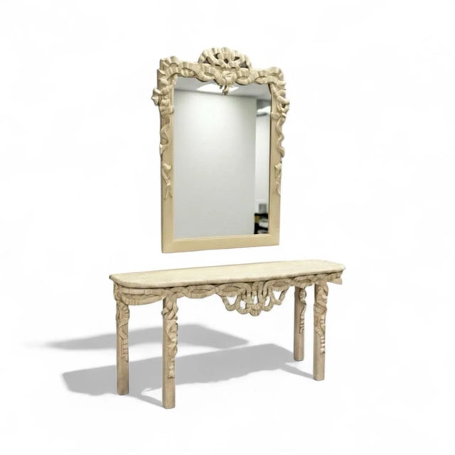 Hollywood Regency Style Italian Carved Ribbon Mirror & Stone Console Table For Sale - Image 4 of 10