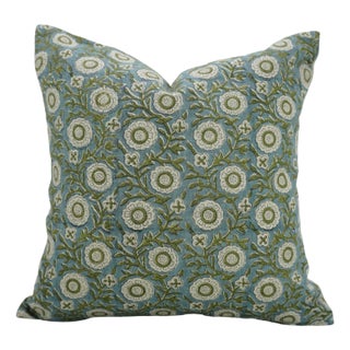 Handmade Block Floral Print Pillow Cover for Home Décor Thick Linen-Kashi, 24x24 Inch For Sale