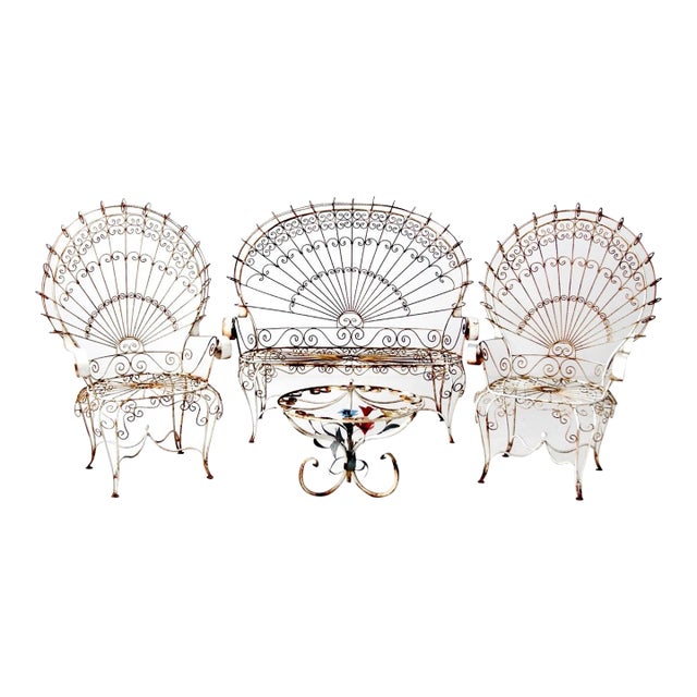 Antique Wrought Iron Peacock Garden Furniture Collection of 4 For Sale