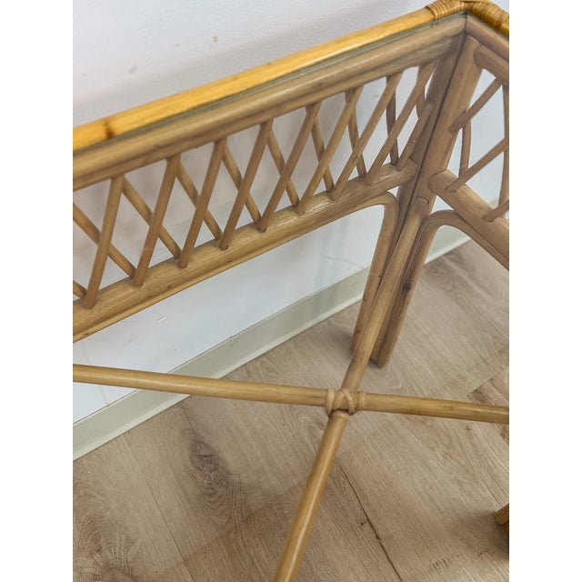 Mid 20th Century Vintage Coastal Wicker Rattan Console Table Woven Lattice Glass Top Beige Boho For Sale - Image 5 of 14