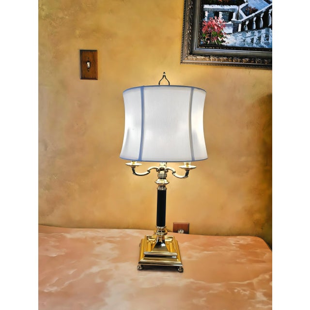 Vintage Brass Empire French-Style Tole Bouillotte-Style Lamp With Dual Black Chain Bulb Switches With Shade For Sale - Image 12 of 12