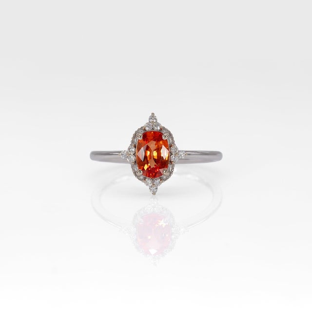 2020s Padparadscha Sapphire Halo Ring With Natural Diamond Accents in Solid 14k Gold, Size 6.75 For Sale - Image 5 of 10