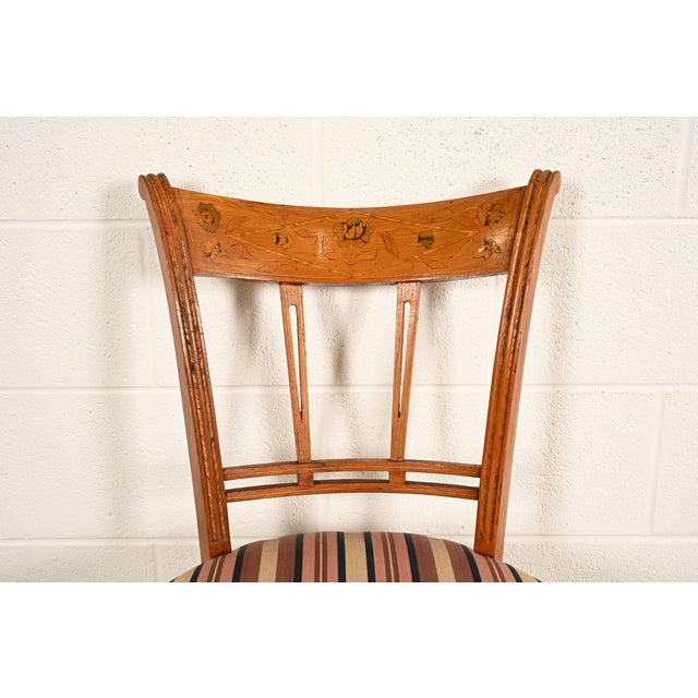 Wood Antique Italian Regency Fruitwood Inlaid Marquetry Side Chairs or Dining Chairs, Pair For Sale - Image 7 of 17