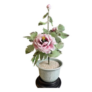 Large 12" Vintage Chinese Rose Quartz & Jade Peony Tree - Signed Celadon & Stand For Sale
