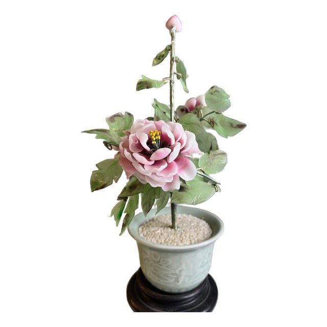 Large 12" Vintage Chinese Rose Quartz & Jade Peony Tree - Signed Celadon & Stand For Sale