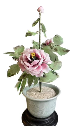 Large 12" Vintage Chinese Rose Quartz & Jade Peony Tree - Signed Celadon & Stand