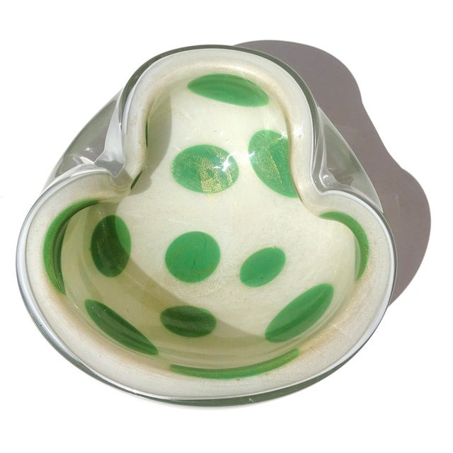 Beautiful and rare, vintage Murano hand blown white surface with green spots and gold flecks Italian art glass bowl /...