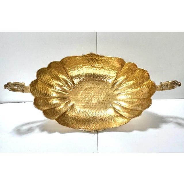 Large Hollywood Regency Brass Pedestal Bowl – Scalloped Centerpiece With Ornate Handles For Sale - Image 11 of 12