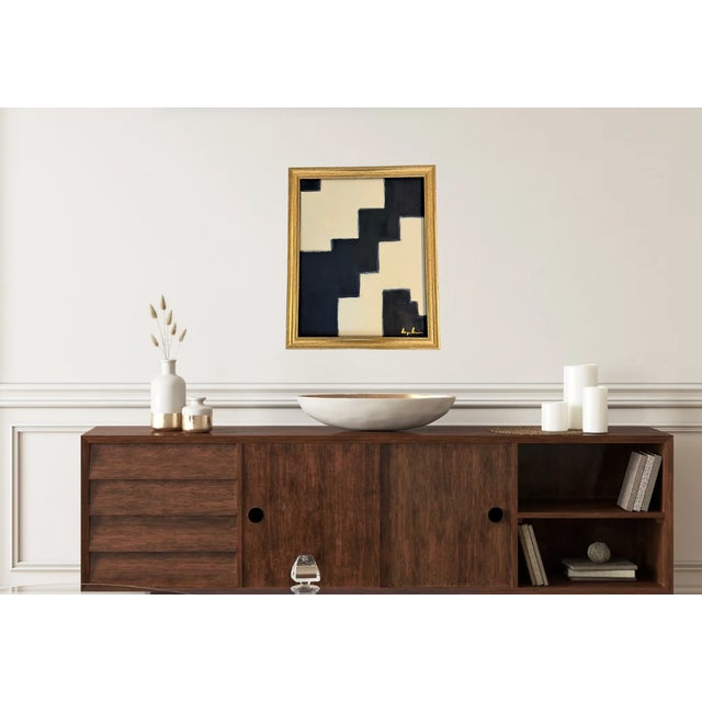 Bryan Boomershine, original abstract Mid-Century Inspired Painting in cream and black with a gold frame. This painting...