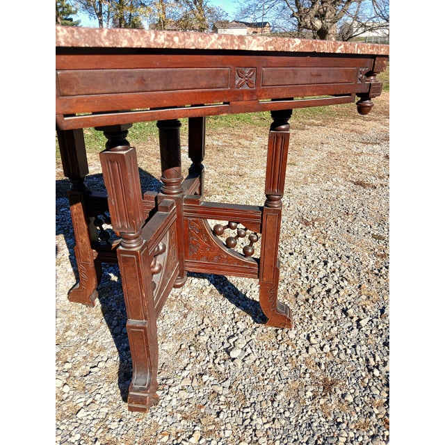 Antique Victorian Eastlake Walnut Parlor Table Chocolate Marble Stick and Ball 1880s For Sale - Image 10 of 17