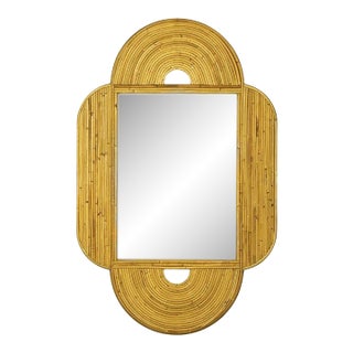 1980s Large 47"x 30" Italian Restored Streamline Split Reed Rattan Arched Wall Mirror For Sale