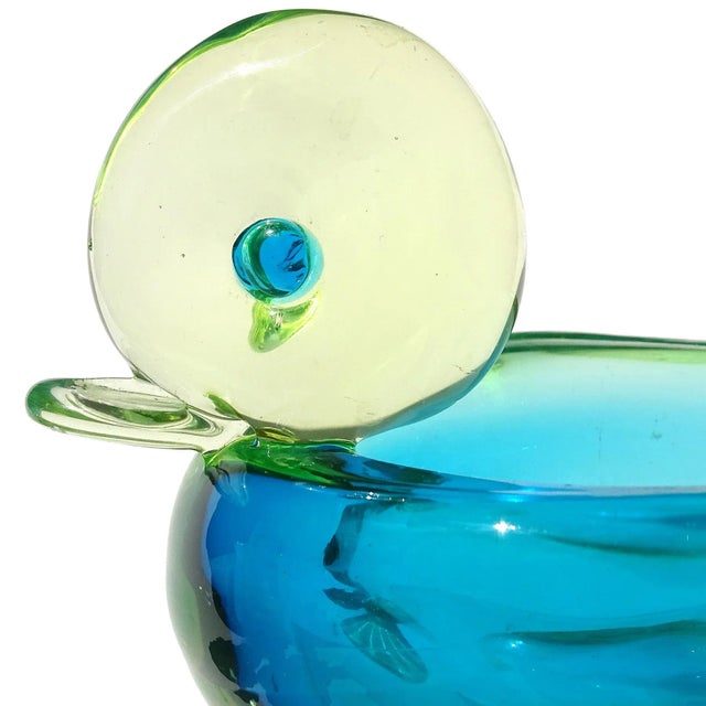 Figurative Murano Vintage Sommerso Uranium Yellow Green Blue Italian Art Glass Bird Duckling Bowl Dish For Sale - Image 3 of 7
