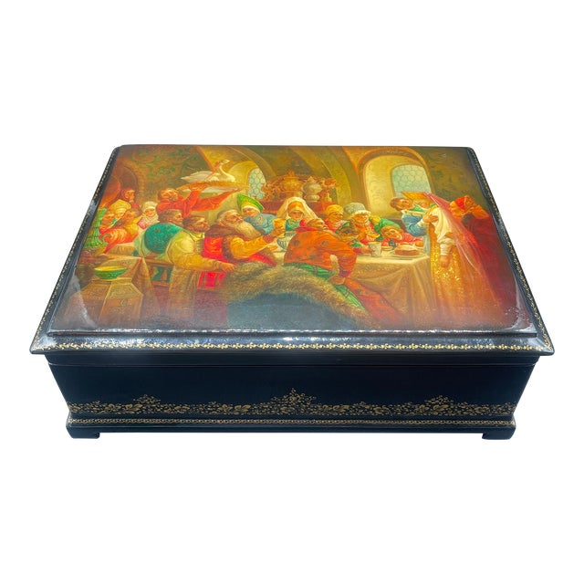 1930s Hand Painted “Wedding” Lacquer Box by Fedoskino Degockuno For Sale
