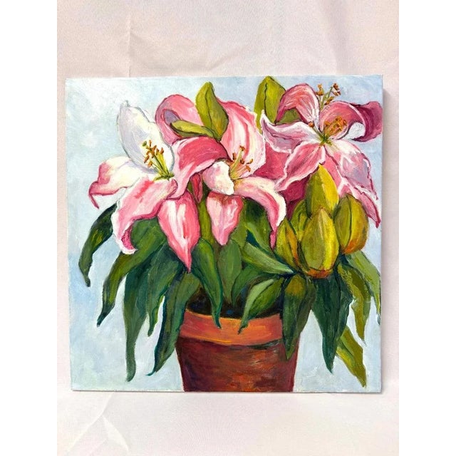 Textile Square Impasto Floral Painting of Lilies For Sale - Image 7 of 18