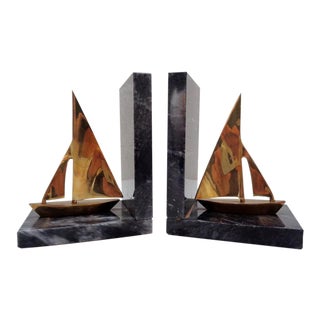Vintage Gray Marble Brass Sailboat Bookends ~ a Pair For Sale