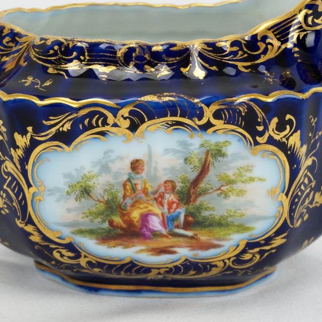 Antique German Richard Klemm Dresden Cobalt Blue Gold Courting Couple Creamer Sugar Set For Sale - Image 12 of 15