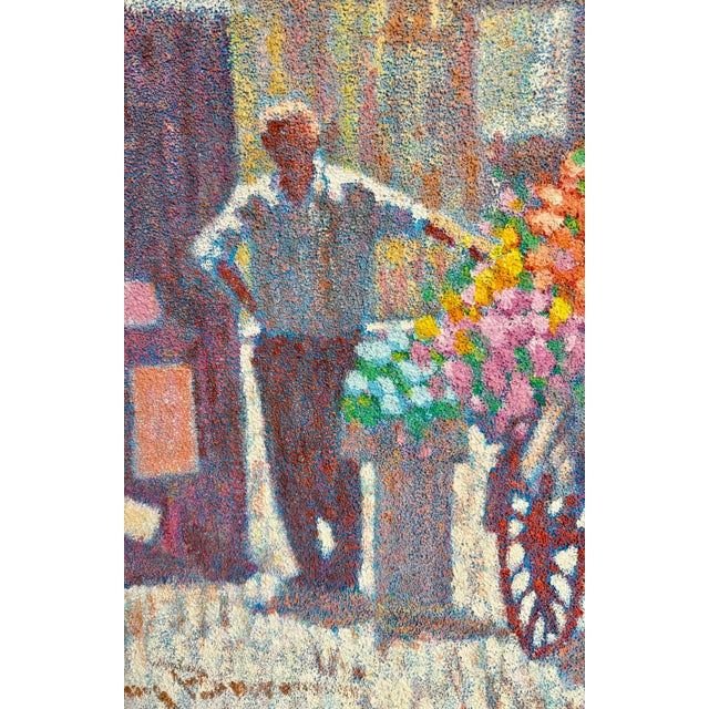 Early 20th Century Henry Benson, Large Pointillism Oil Painting Flower Seller and Cart Henry Benson Americana Art, For Sale - Image 5 of 8