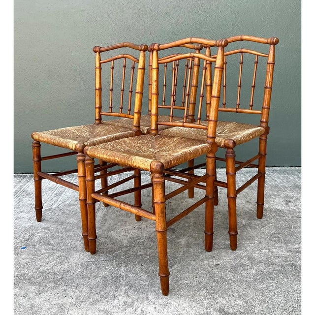Camel Vintage Bamboo-Style Wood and Cane Chairs - Set of 4 For Sale - Image 8 of 14
